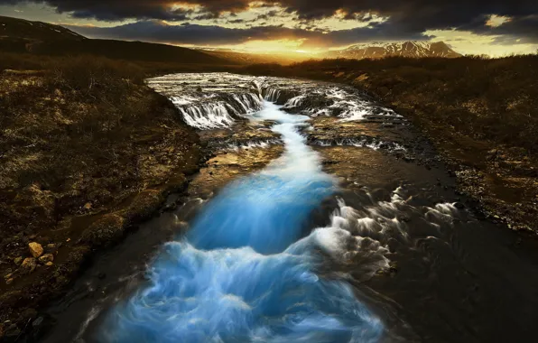 Sunset, river, waterfall, cascade, Iceland, Iceland, Bruarfoss, Arnessysla