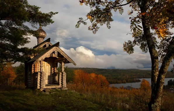 Picture autumn, clouds, trees, landscape, nature, lake, chapel, forest