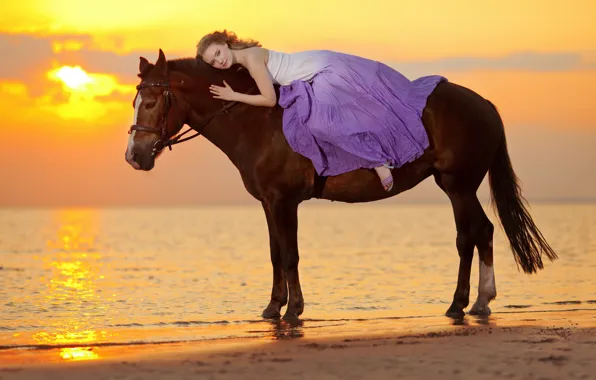 Sea, girl, sunset, coast, horse