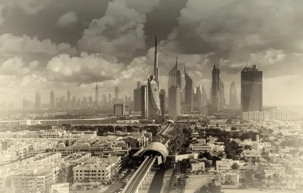 Clouds, the city, Dubai, Dubai, UAE, Burj Khalifa, sand city