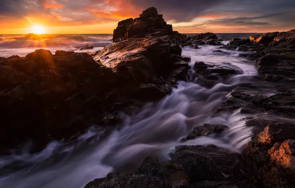 Picture sea, wave, the sun, landscape, sunset, stones, the ocean, rocks