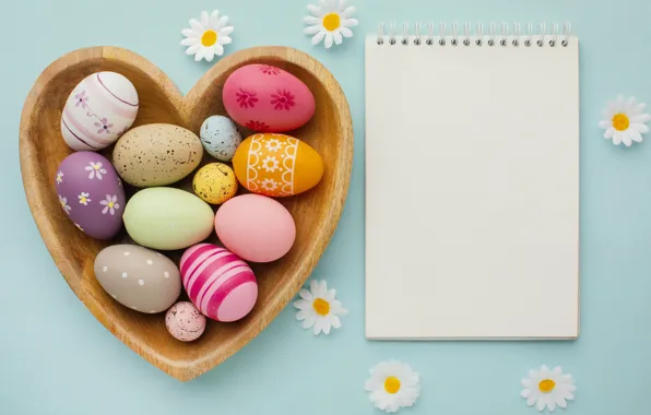 Chamomile, eggs, spring, colorful, Easter, happy, heart, spring