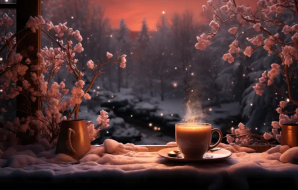 Winter, frost, glass, snow, branches, nature, comfort, candles