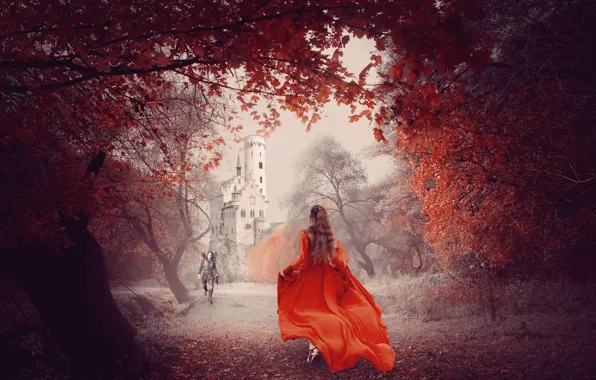 Road, autumn, girl, trees, love, branches, fog, people
