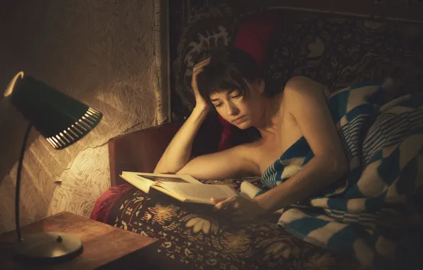 Girl, model, lamp, book, reads, lampshade, Sergey Rybin