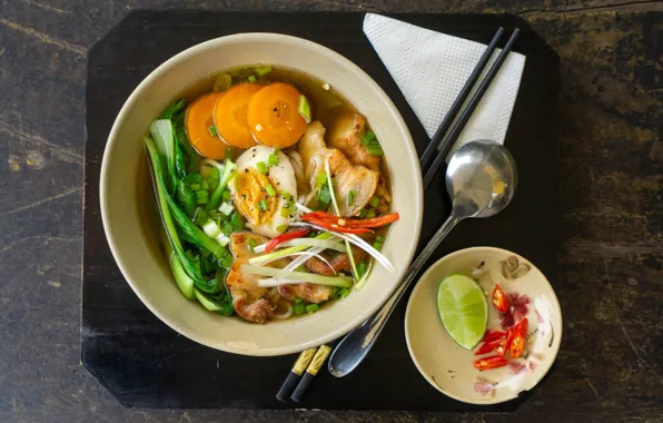 Picture food, eggs, plate, spoon, lime, napkin, red pepper, chopsticks