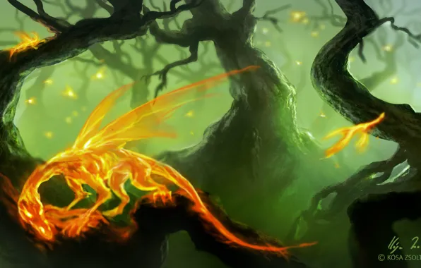 Forest, trees, wings, fantastic. art, Zsolt Kosa, fire dragons