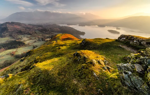 Light, mountains, hills, morning, lake, England, Cumbria, national Park lake district