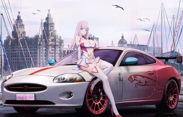 Car, girl, sexy, anime, blonde, neckline, Jaguar, girl