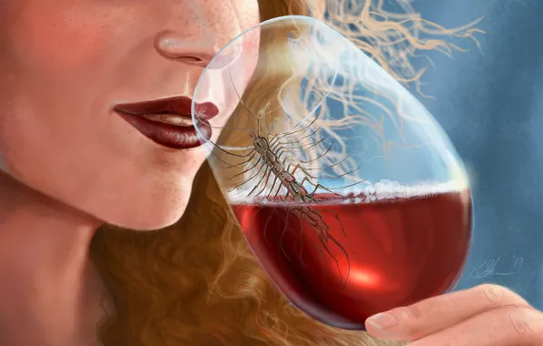 Girl, wine, glass, art, lips, insect