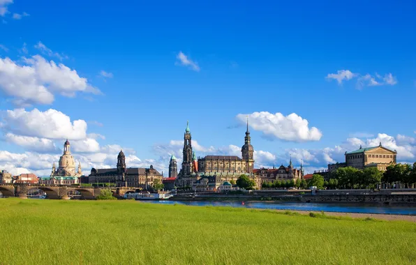 The sky, grass, clouds, the city, river, photo, glade, home