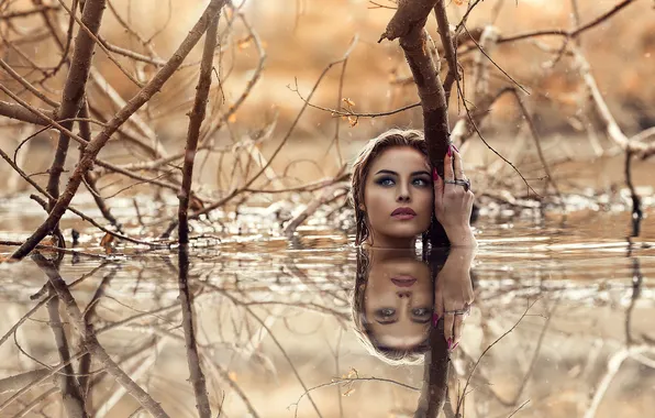 Picture girl, lake, reflection, branch, photographer, Alessandro Di Cicco