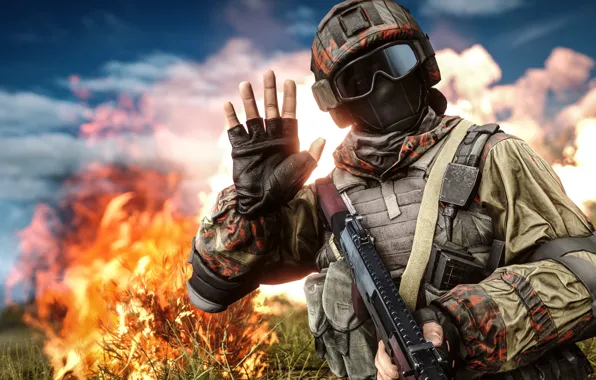 Picture fire, hand, glasses, soldiers, helmet, equipment, Battlefield 4