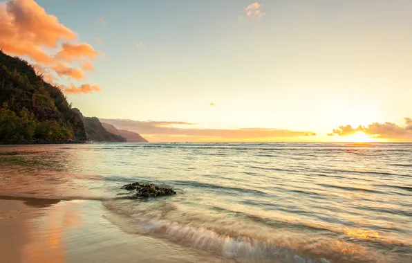 Sea, the sun, sunset, mountains, shore, vegetation, horizon