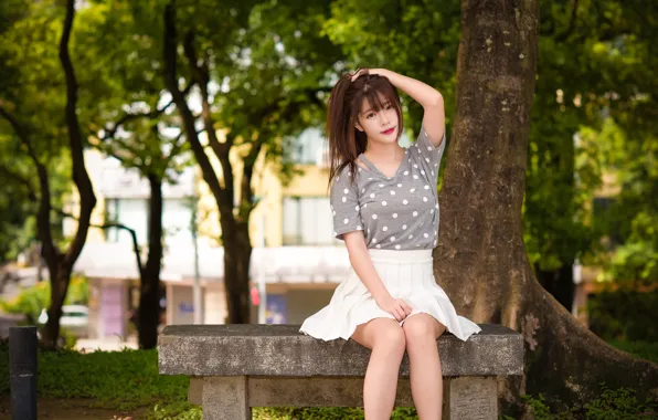 Picture summer, girl, bench, face, hair
