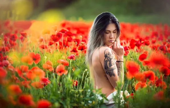 Picture girl, flowers, mood, back, Maki, tattoo, meadow, bokeh