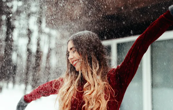 Winter, snow, joy, smile, hair, Girl, sweater, Sasha Rusko
