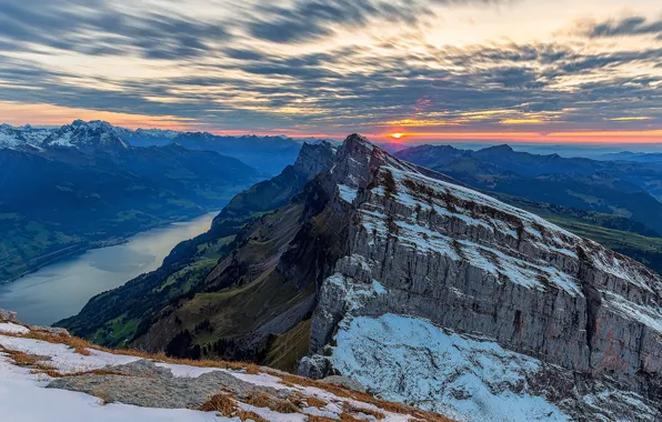 Clouds, snow, sunset, mountains, tops, Alps, pond