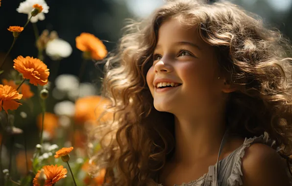 Summer, light, joy, flowers, smile, laughter, girl, AI art