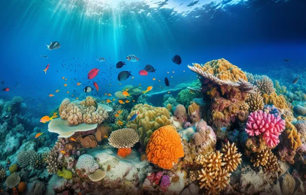 Sea, water, fish, corals, underwater world, the bottom of the sea, coral reef, AI art