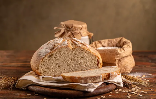 Towel, bread, ears, bag, flour, loaf