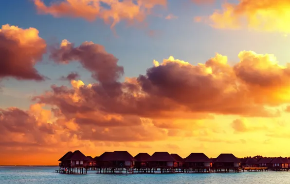 Picture sea, the sky, clouds, sunset, tropics, coast, horizon, The Maldives