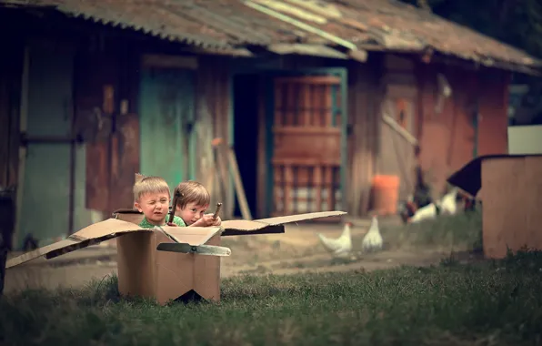 Picture nature, children, box, the game, home, village, yard, the plane