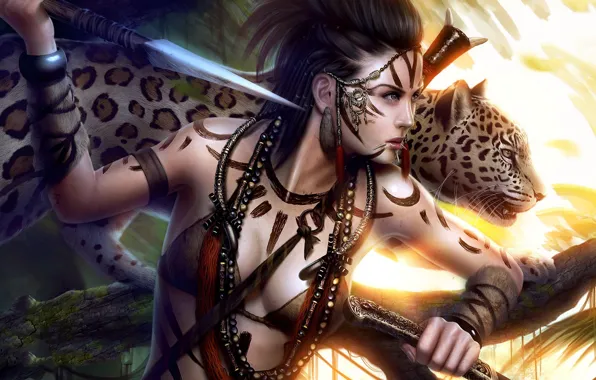 Cat, look, girl, face, fiction, predator, leopard, knife