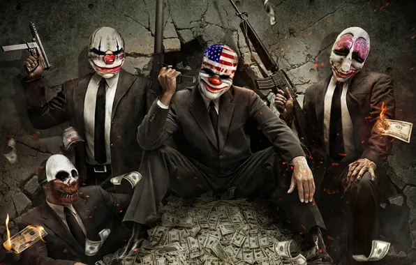 Picture money, dollars, mask, machines, clowns, PAYDAY The Heist, the robbers