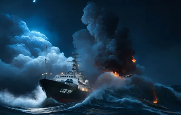 Sea, The explosion, Ship, Wave, Russian, Navy, Conflict, Conflict