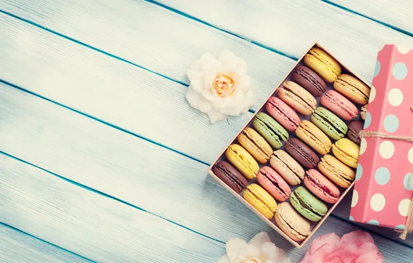 Flowers, gift, colorful, wood, pink, flowers, macarons, gift box