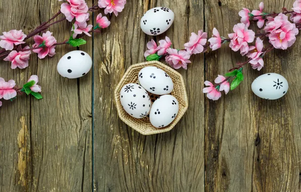 Picture flowers, basket, eggs, spring, Easter, wood, pink, blossom