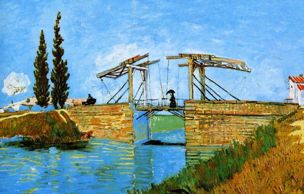 The sky, girl, trees, bridge, home, picture, channel, Vincent Van Gogh