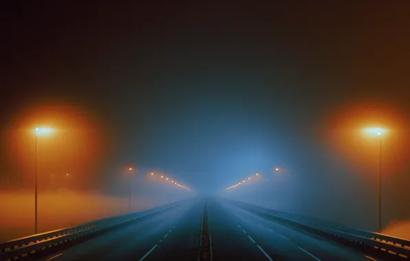 Picture road, night, mist, street light, ai art