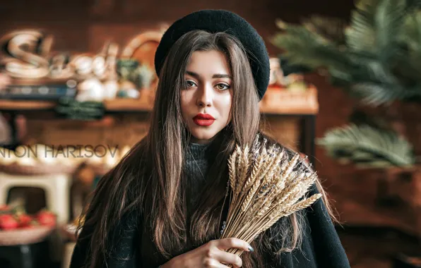 Look, pose, background, model, portrait, bouquet, makeup, spikelets