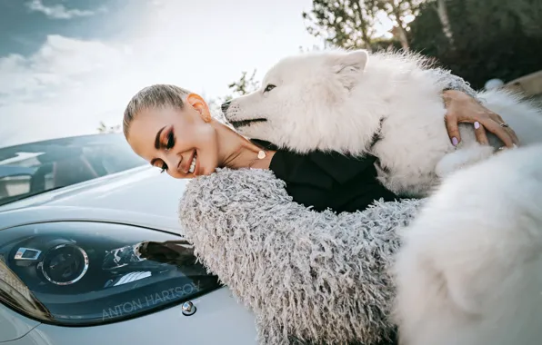 Smile, model, portrait, dog, makeup, hairstyle, beauty, car