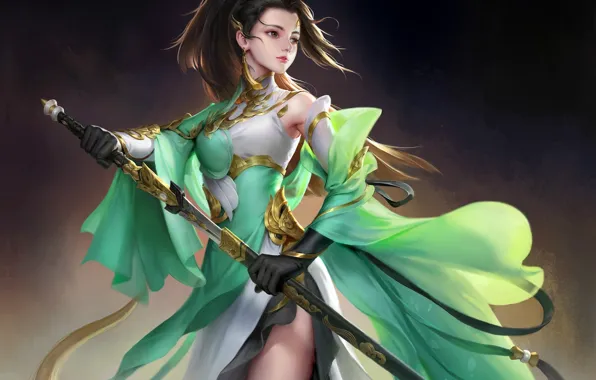 Sword, earrings, gloves, long hair, art, sheath, woman warrior, Chinese clothing