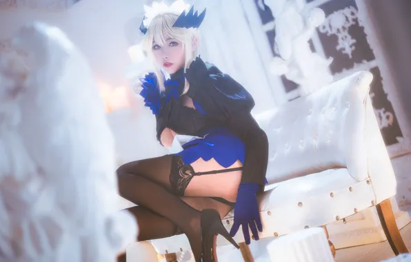 Look, pose, Asian, white hair, cosplay, dark stockings
