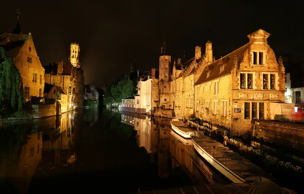 The sky, night, lights, boat, home, channel, Belgium, Bruges