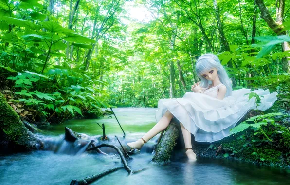 Forest, water, trees, river, doll, dress