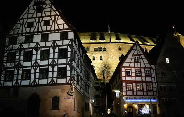 Night, lights, home, Germany, Bayern, fortress, Nuremberg, Fachwerk
