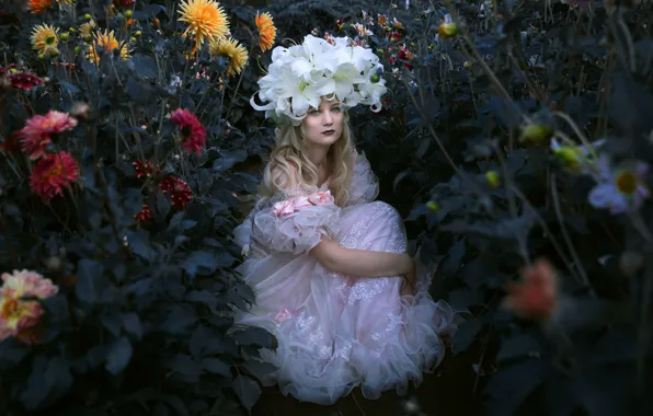 Picture girl, flowers, mood, Lily, dress, wreath, dahlias, Holly Brown