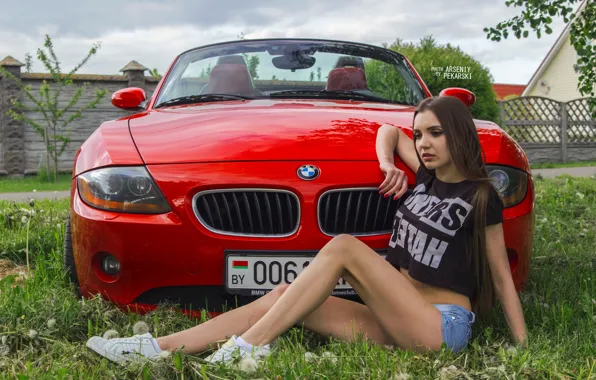 Picture greens, auto, look, Girls, BMW, beautiful girl, posing on the car
