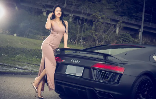 Auto, look, Girls, Asian, Audi R8, beautiful girl, Jasmine, posing on the car