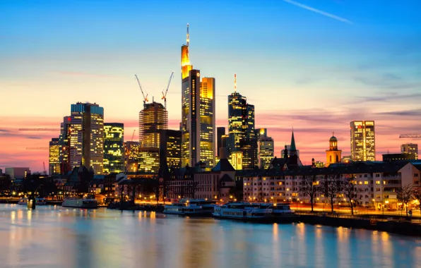 Sunset, the city, lights, river, home, skyscrapers, the evening, Germany