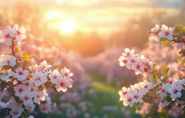 The sun, rays, flowers, branches, nature, cherry, spring, morning