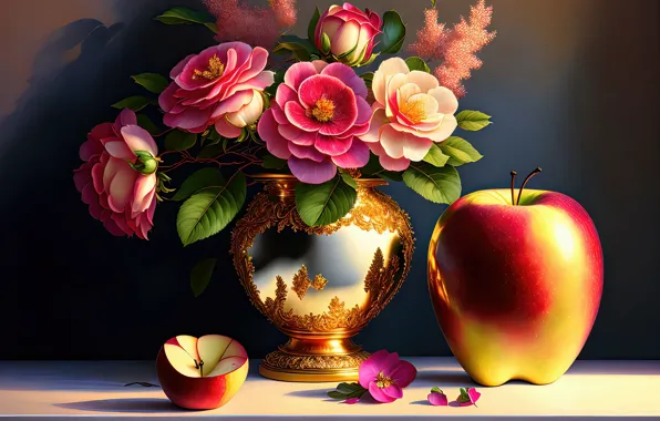 Graphics, Apple, roses, art, vase, digital painting, digital art, AI art