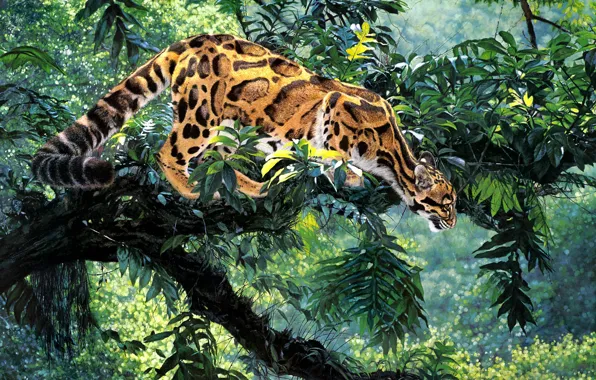 Pose, tree, thickets, foliage, figure, picture, jungle, art