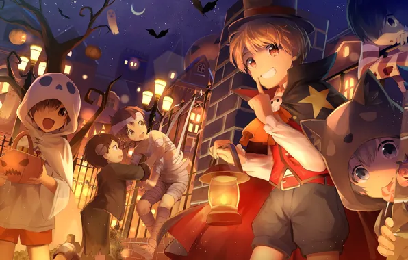 Night, children, anime, art, costumes, Halloween
