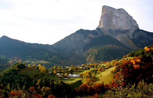Autumn, mountains, rocks, France, field, Alps, houses, forest